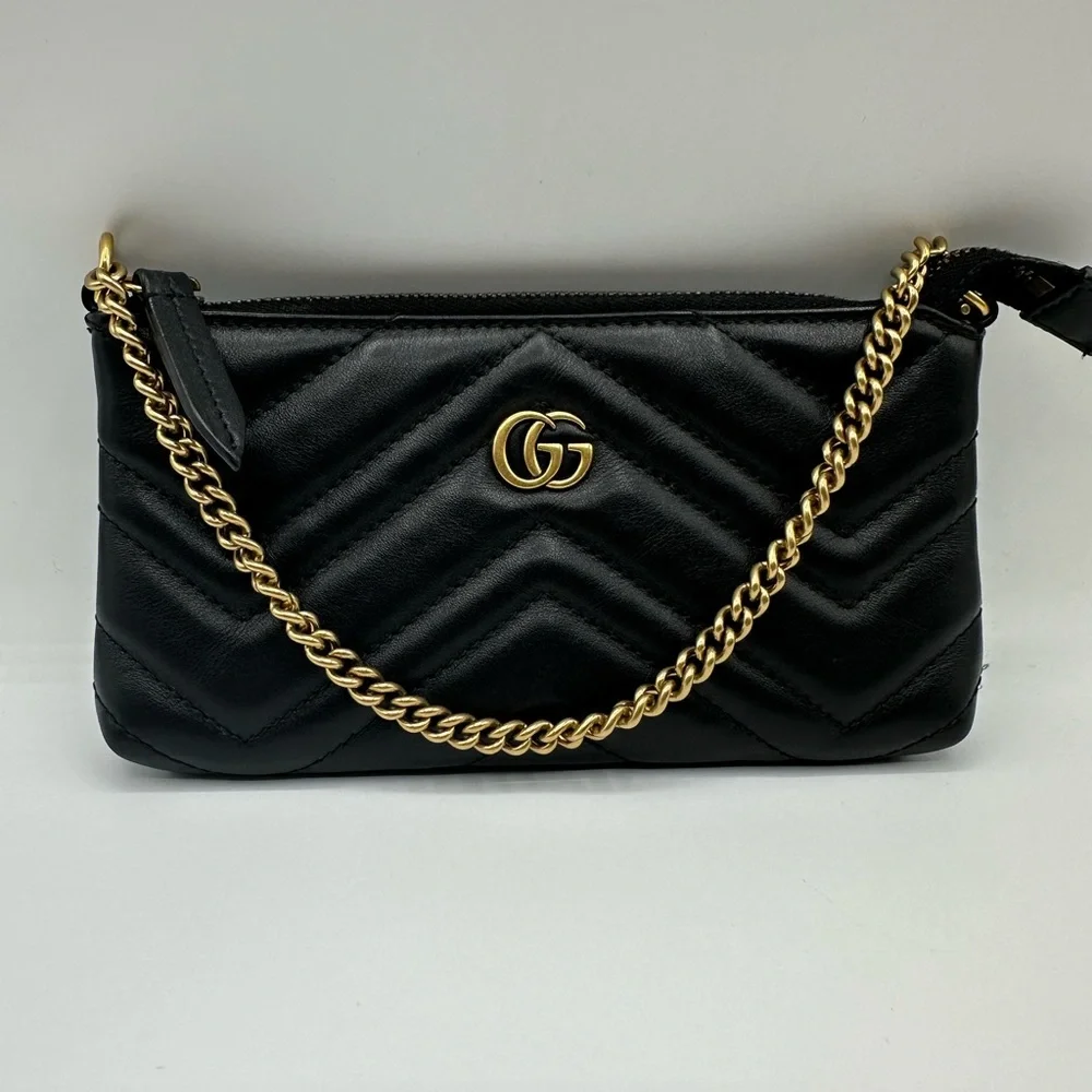 Gucci GG Marmont Matelassé Chain Wristlet Pouch Black Leather Authenticated